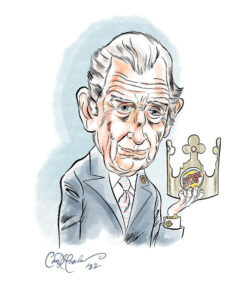Caricature of an elderly man in a suit holding a Burger King crown, with detailed features.