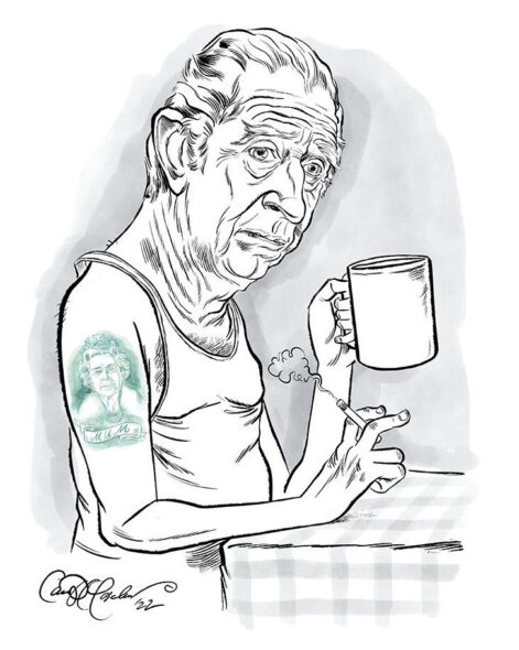 Older person with tattoo, holding a mug and cigarette, sitting at a table, grayscale illustration.