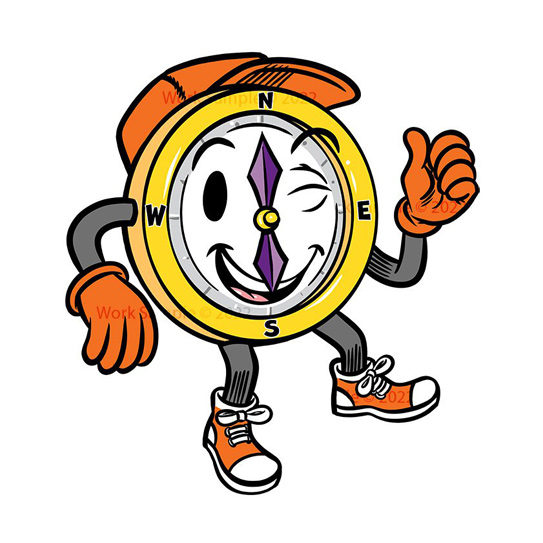 Cartoon compass character with arms, legs, winking, wearing an orange cap, gloves, sneakers.
