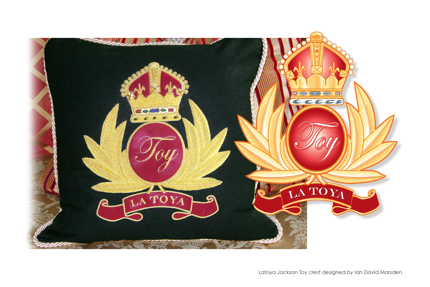 Embroidered crest logo of La Toya Jackson on a custom-designed pillow mockup