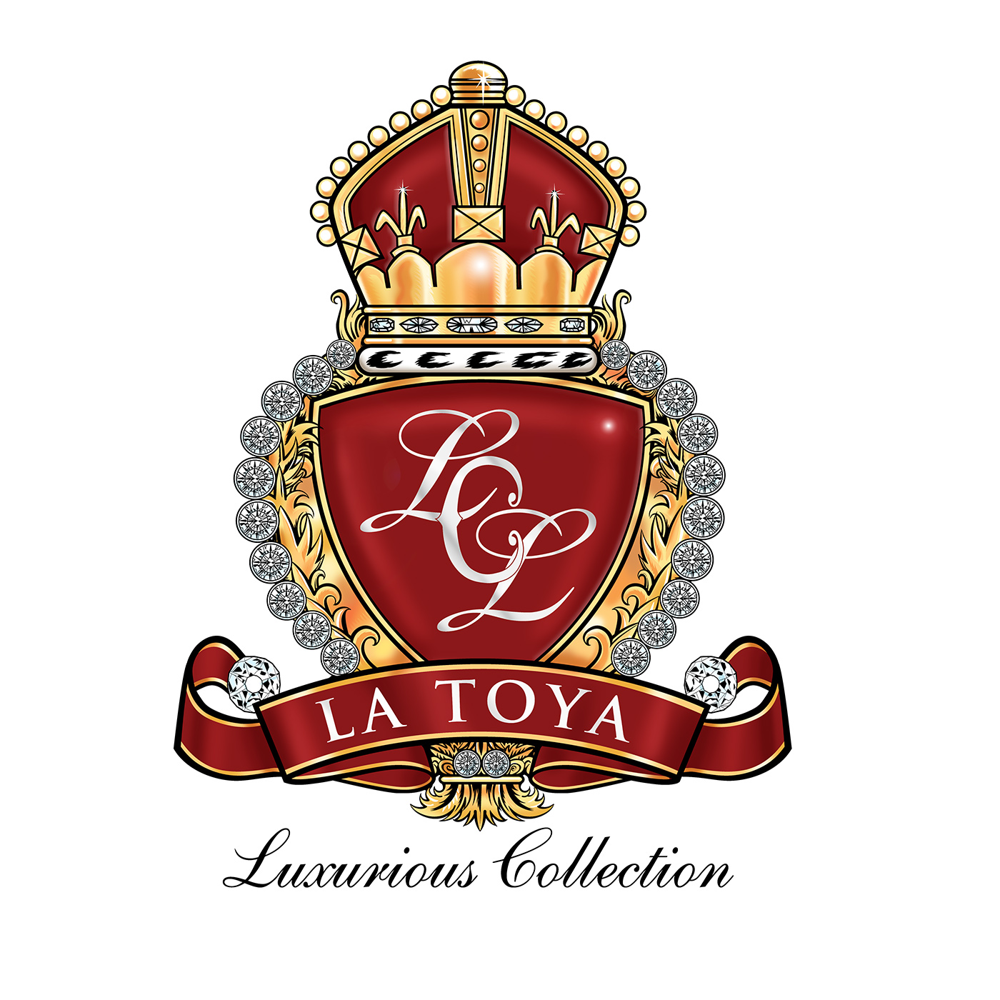 Royal emblem with a red shield labeled "LCL," gold crown, "La Toya" ribbon, and "Luxurious Collection."
