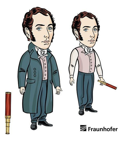 Cartoon historical figure in 19th-century attire, holding a telescope, Fraunhofer logo.