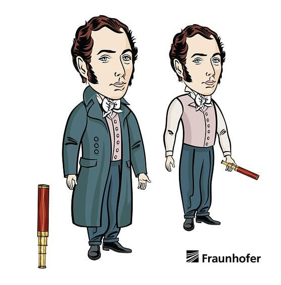 Cartoon of a 19th-century man in coat and waistcoat with telescope, Fraunhofer logo visible.