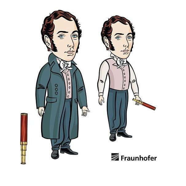 Cartoon illustration of Fraunhofer scientist holding a telescope, created for the Fraunhofer-Gesellschaft’s brand communication.