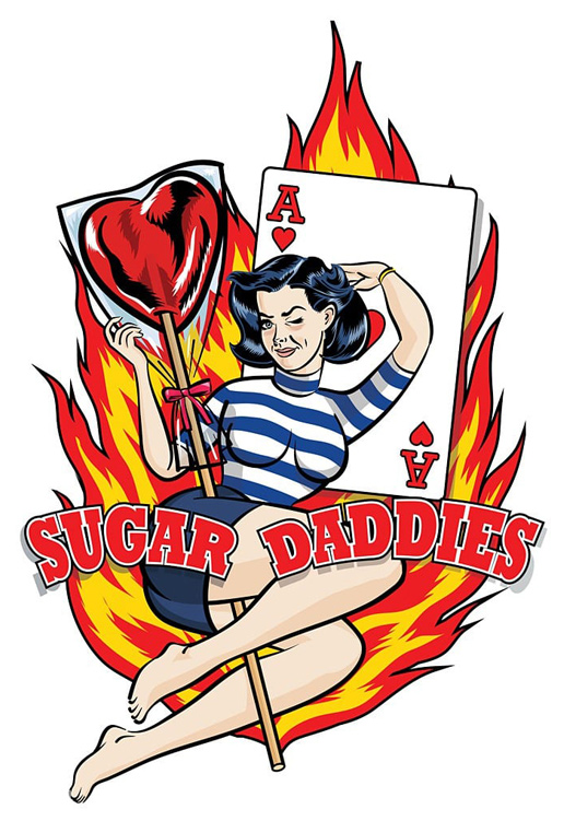 Pin-up woman with lollipop, Ace of Hearts, flames, "Sugar Daddies" text in bold red.