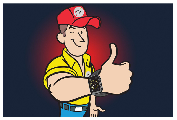 Cartoon character in yellow shirt, red cap gives thumbs up, wearing smartwatch, dark red glow.