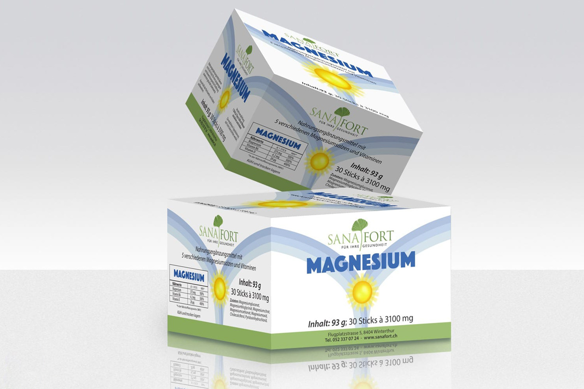 Sanafort magnesium box design – pharma packaging with clean vector layout
