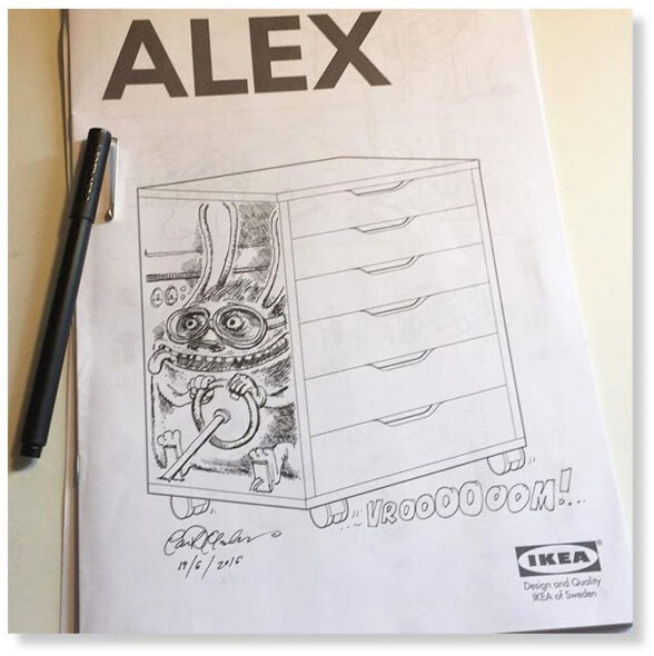 Cartoon sketch added to an IKEA assembly page, showing chaotic characters and creative misunderstanding.