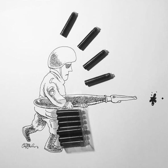 Black-and-white drawing of a soldier shooting ink cartridges as ammunition.