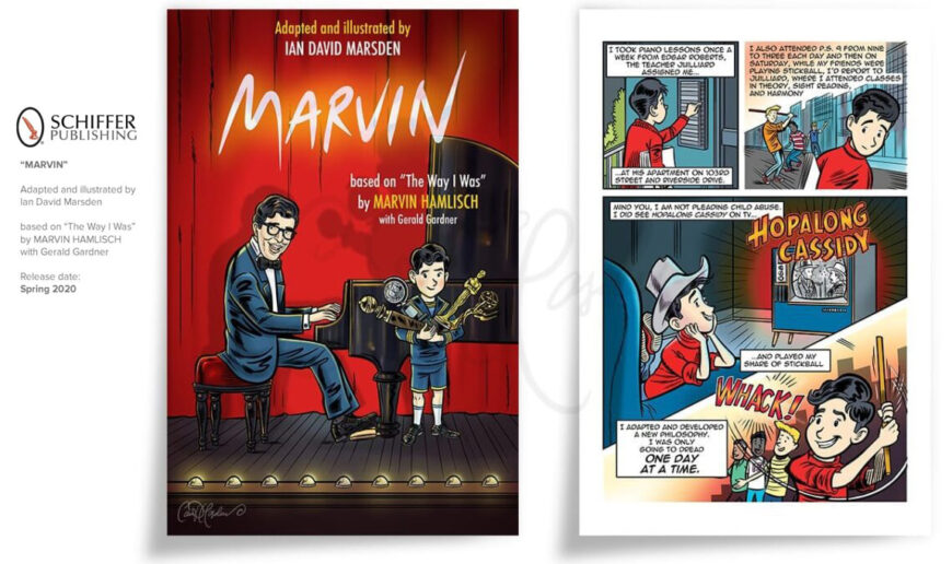 Portfolio presentation image for MARVIN showing the graphic novel cover beside a comic page about young Marvin Hamlisch balancing piano lessons, Juilliard classes, Hopalong Cassidy on television and stickball.