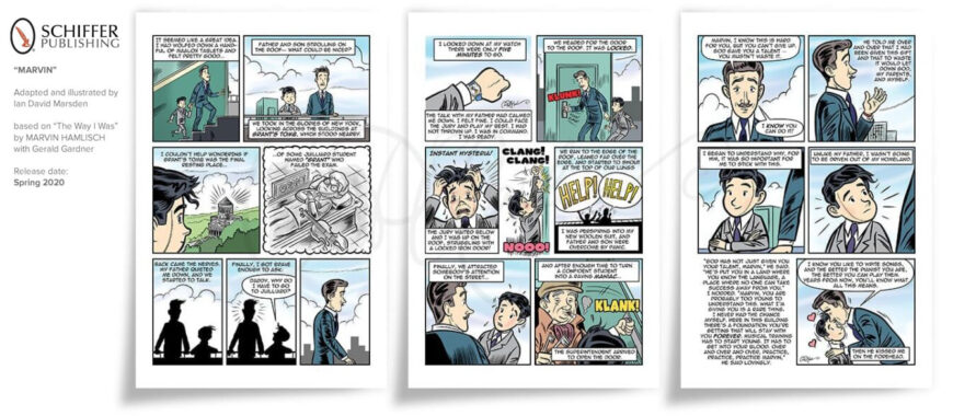 Three interior pages from MARVIN by Ian David Marsden, showing young Marvin Hamlisch speaking with his father on a New York rooftop after a tense childhood incident.