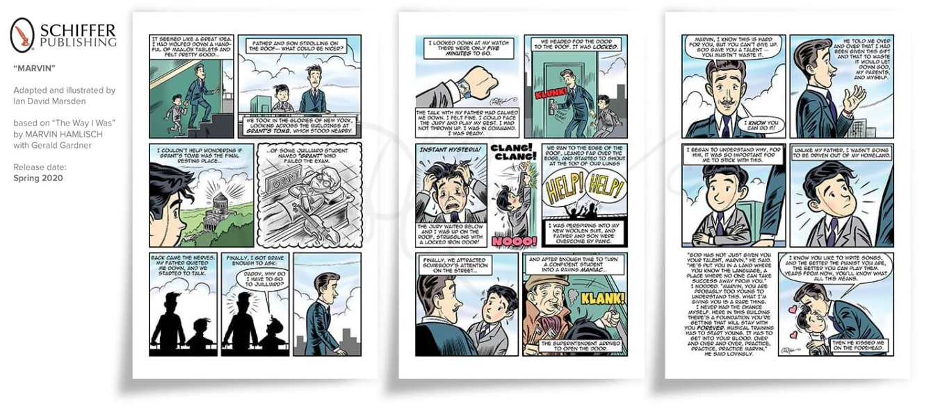 Three interior pages from MARVIN by Ian David Marsden, showing young Marvin Hamlisch speaking with his father on a New York rooftop after a tense childhood incident.