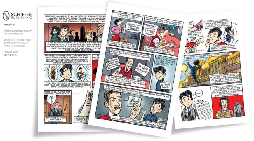 Three sample pages from MARVIN by Ian David Marsden, showing childhood scenes from Marvin Hamlisch’s life, including school memories, homemade schemes and a summer escape into freedom.