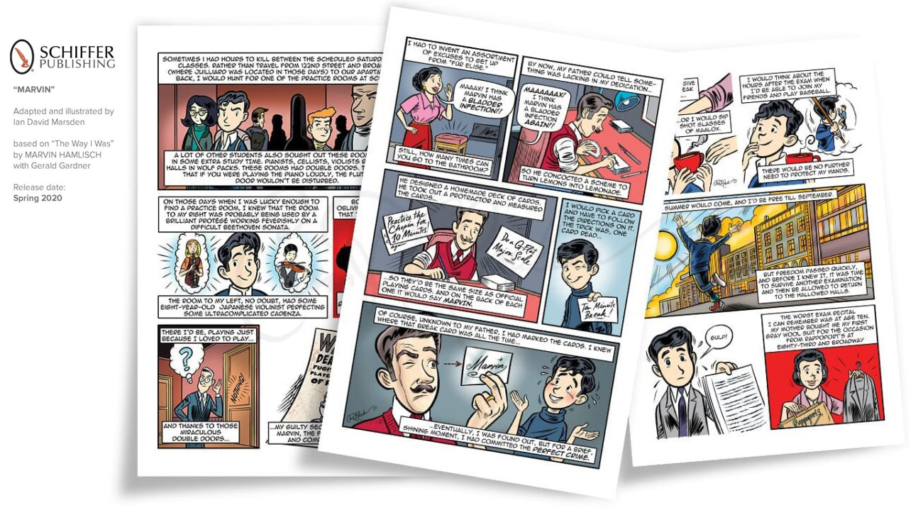 Comic pages from graphic novel Marvin by Ian David Marsden featuring musical scenes and character storytelling