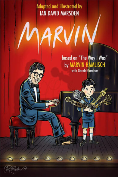 Illustrated book cover titled "Marvin," with a pianist and a boy holding awards on stage.