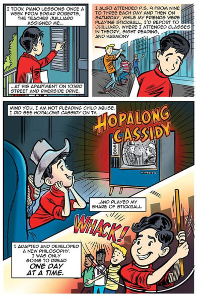 Comic page from MARVIN by Ian David Marsden showing young Marvin Hamlisch balancing piano lessons, school, stickball and his childhood enthusiasm for Hopalong Cassidy on television.