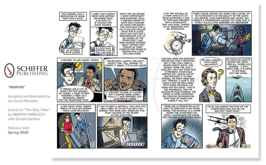 Sample pages from MARVIN by Ian David Marsden showing Marvin Hamlisch negotiating his first film-score opportunity, consulting Quincy Jones and thinking through suspense music with Jaws and North by Northwest references.