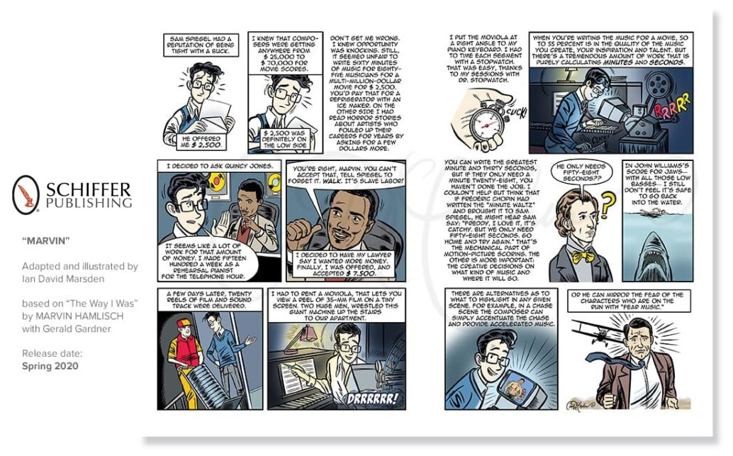 Sample pages from MARVIN by Ian David Marsden showing Marvin Hamlisch negotiating his first film-score opportunity, consulting Quincy Jones and thinking through suspense music with Jaws and North by Northwest references.
