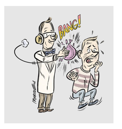 Cartoon scientist popping balloon next to startled man
