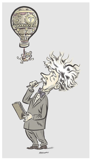 Cartoon scientist studies floating mouse rising like a hot air balloon