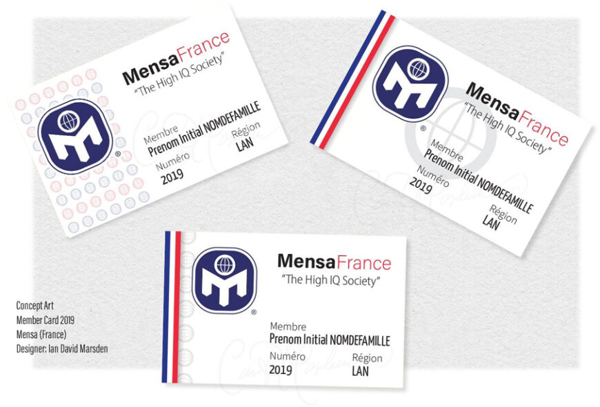 Mensa France membership card concept art from 2019 by Ian David Marsden, featuring logo and details.