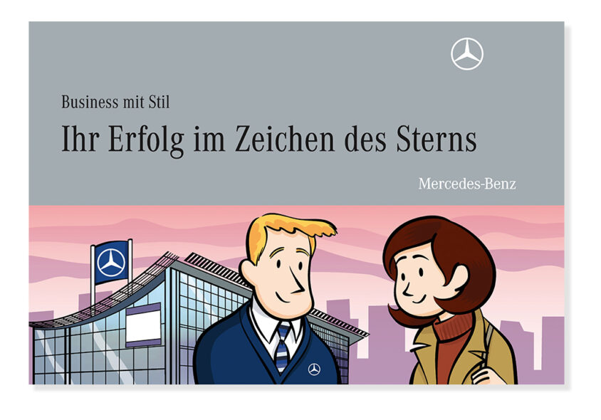 Illustrated poster of business professionals at a Mercedes-Benz dealership promoting success.
