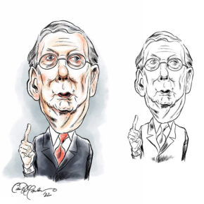 Two caricatures of an older man in a suit and glasses, one in color, one in black and white.