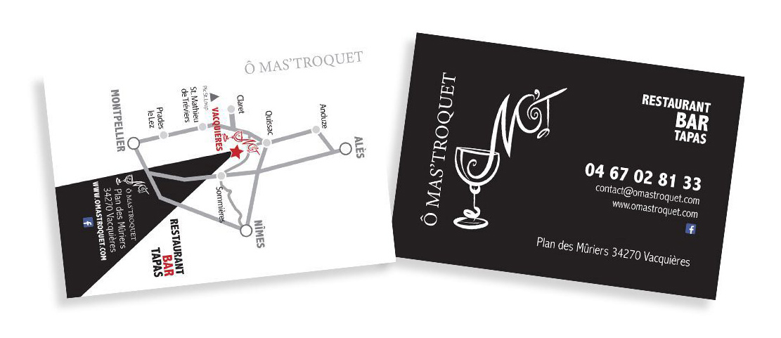Business cards for Ô Mas'troquet restaurant and bar, with contact info and location map.