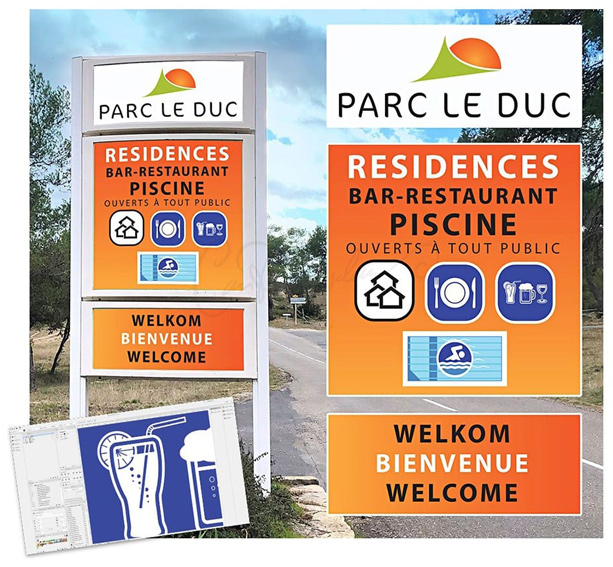 Sign for Parc Le Duc with residences, bar, restaurant, pool; welcome in Dutch, French, English.