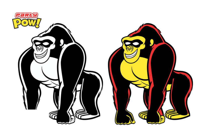 Two cartoon gorillas wearing masks, one black and white, one in black, red, yellow; text "Party Pow!"