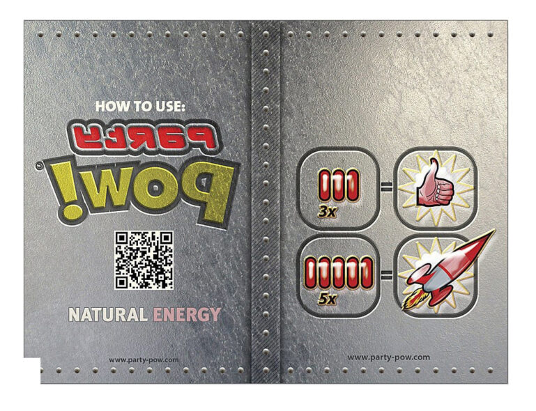 Textured card with usage guide for Party Pow!, detailing dosage and QR code for more info.