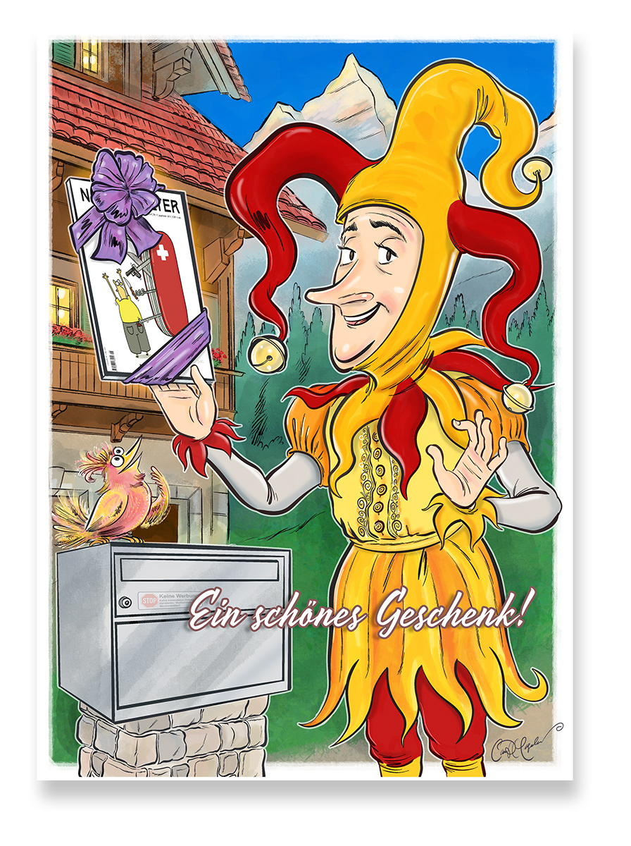 Colorful jester holding postcard outside a mailbox