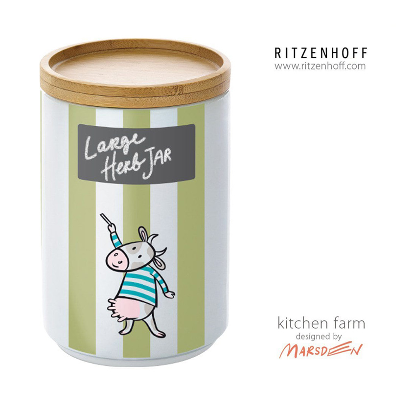Large herb jar with wooden lid, green stripes, cow illustration, designed by Marsden for Ritzenhoff.