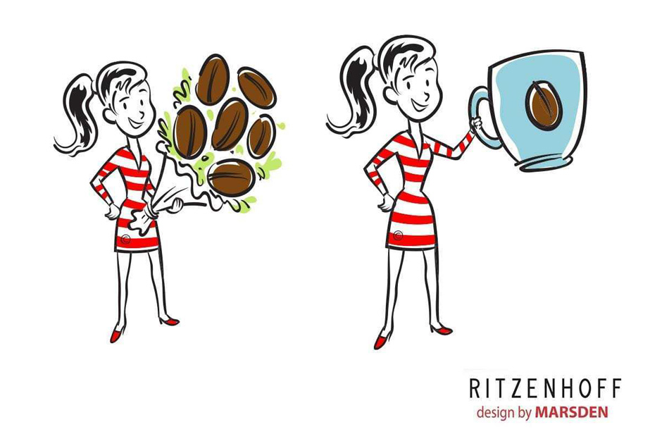 Cappuccino cup artwork with illustrated barista girl character holding coffee and paw-print spoon for Ritzenhoff