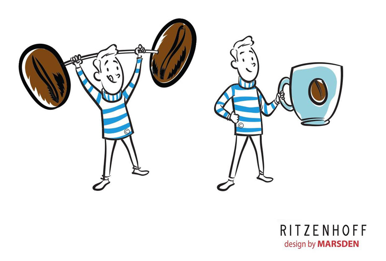 Cartoon characters with coffee-themed weights and cup, text "Ritzenhoff design by Marsden".