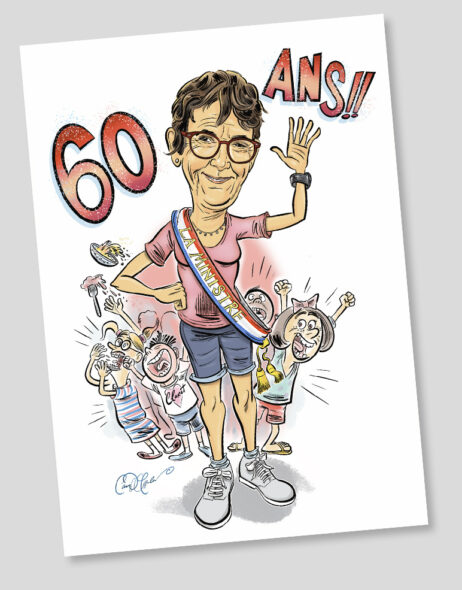 Color caricature of a man in shorts and glasses celebrating his 60th, waving while surrounded by gifts and characters.