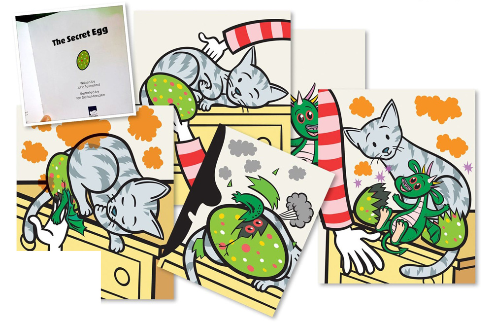 Pages from The Secret Egg with cat and dragon characters by Ian David Marsden
