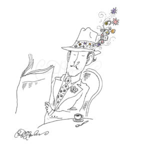 Line drawing of man with floral hat and tie, reading newspaper at table with coffee and flowers.