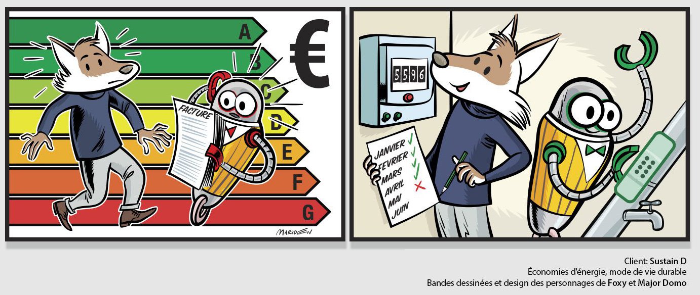 Fox and robot discussing a breakdown of energy costs in a comic strip created by Ian David Marsden