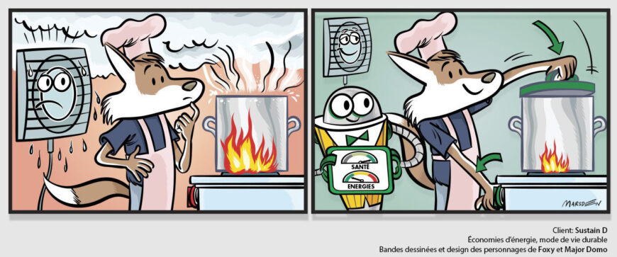 Fox character cooking while robot observes comic-style