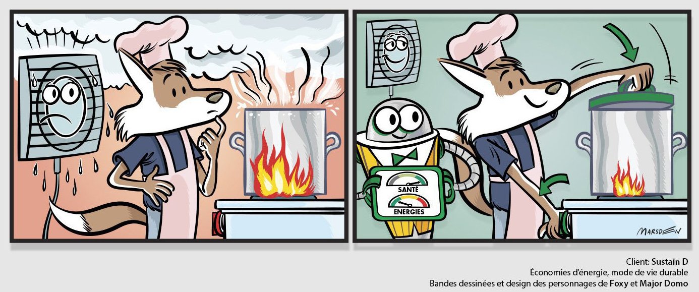 Fox saves energy by covering a boiling pot, assisted by a robot, in a comic strip by Ian David Marsden