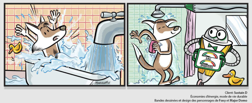 Fox and robot comic strip featuring shower and bathroom routine