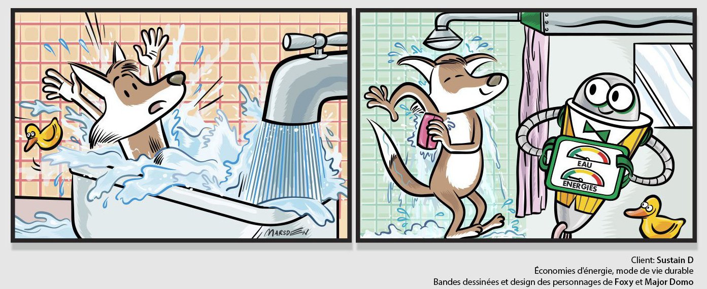 Fox and robot highlight water conservation by comparing bathtub and shower use in a comic strip by Ian David Marsden.