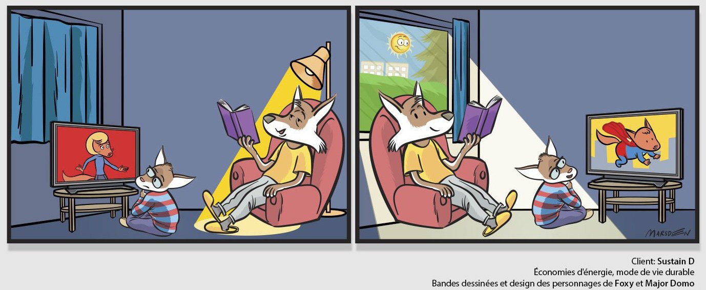 Fox and child reading by sunlight in a comic strip promoting energy efficiency, illustrated by Ian David Marsden