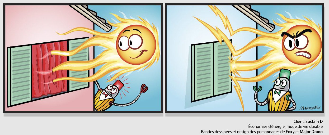 Sun character loses heat through a closed window, with robot assistant, in a comic strip by Ian David Marsden