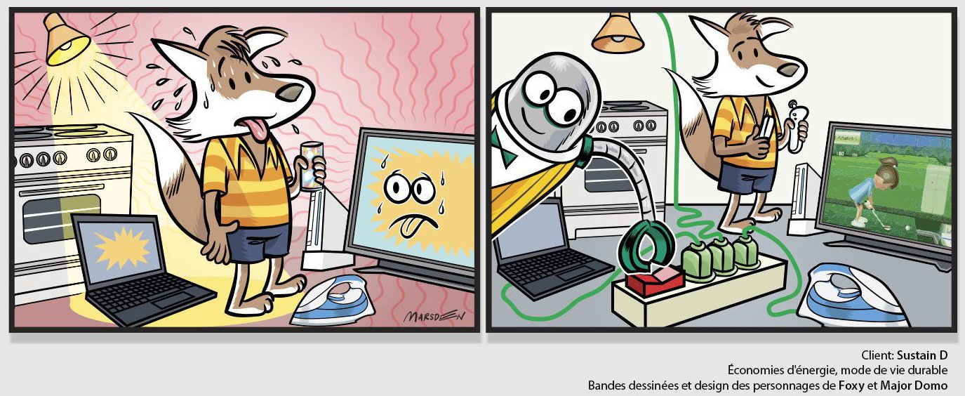 Fox overhating because of electronics, then calm as robot optimizes energy efficiency, in a comic strip by Ian David Marsden