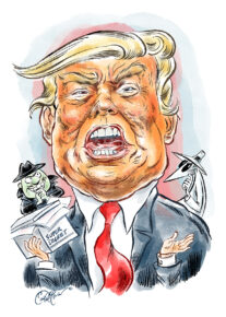 Caricature of a man with wild hair, intense face, and cartoon spies with secret documents.