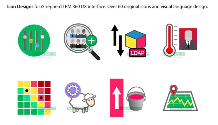settings, search group, LDAP, thermometer, grid, sheep, arrow, bucket, map.