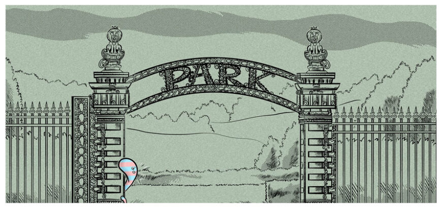 Cartoon creature looking out from behind tall iron park gate