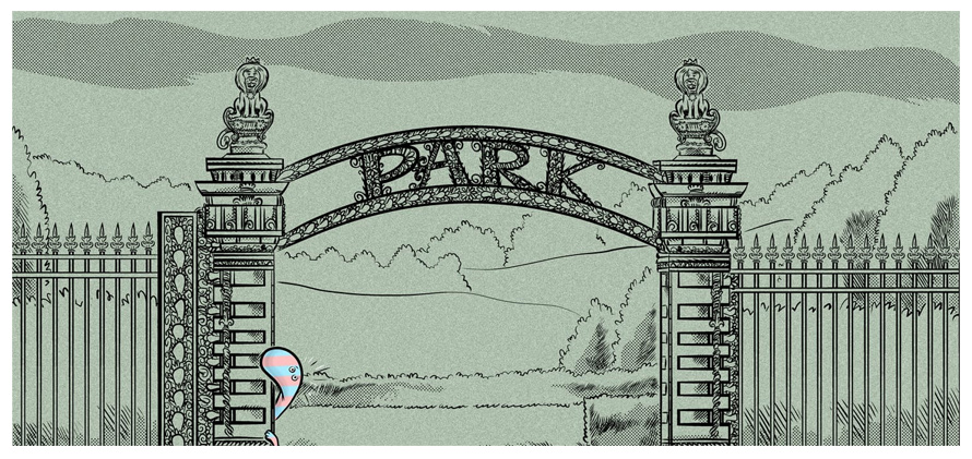 Cartoon creature looking out from behind tall iron park gate